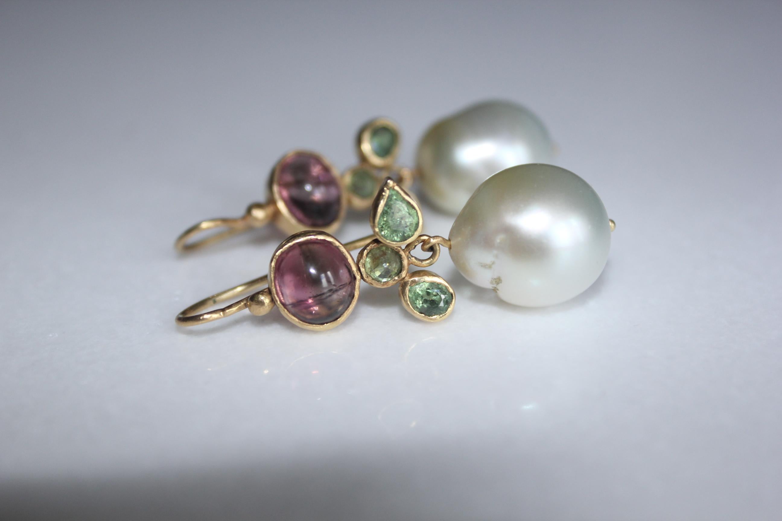 Rhododendron Earrings. Beautiful one of a kind handmade 21K gold dangle drop earrings with South Sea pearls, resembling the flowering rhododendrons. Pink tourmalines and green demantoid garnets are bezel set in 21k gold. A beautiful cream white