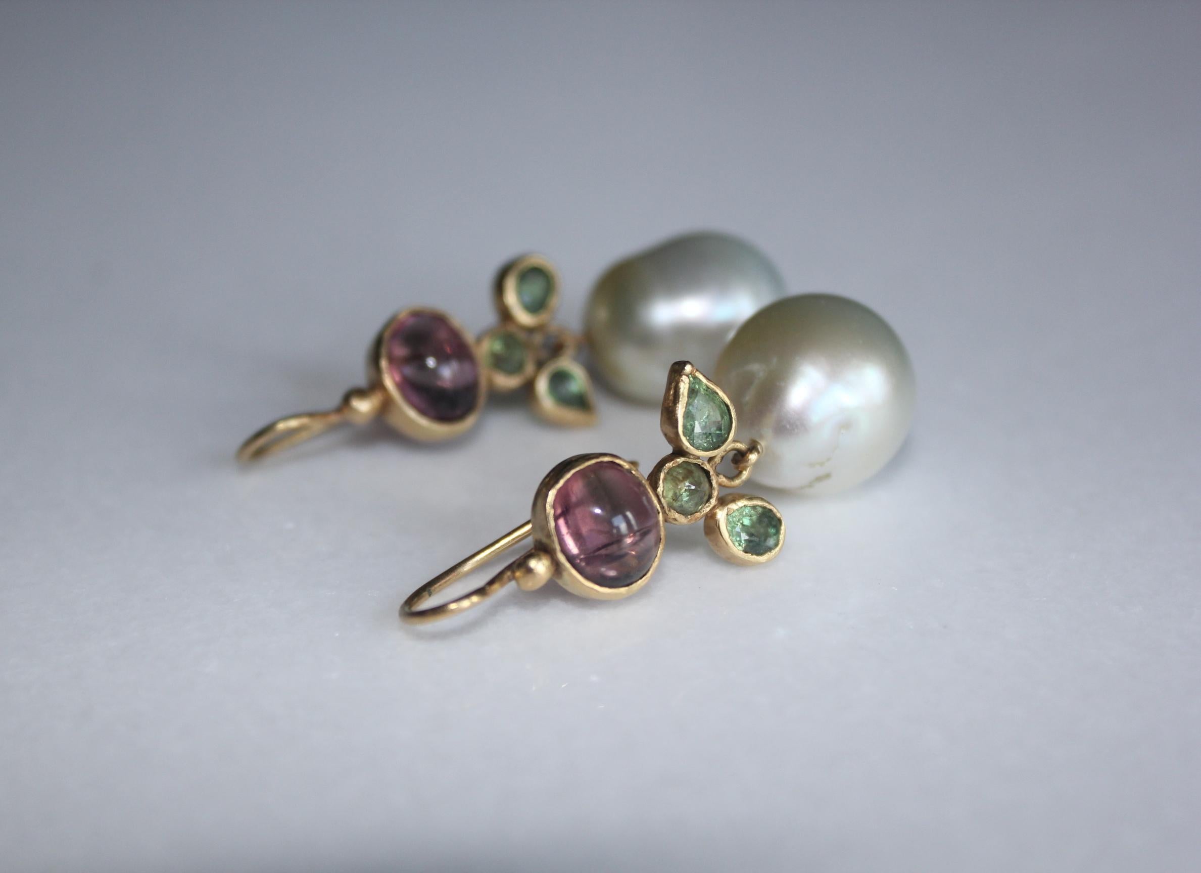 Oval Cut South Sea Pearls Tourmaline Demantoid Garnets 22k-21k Gold Dangle Drop Earrings 