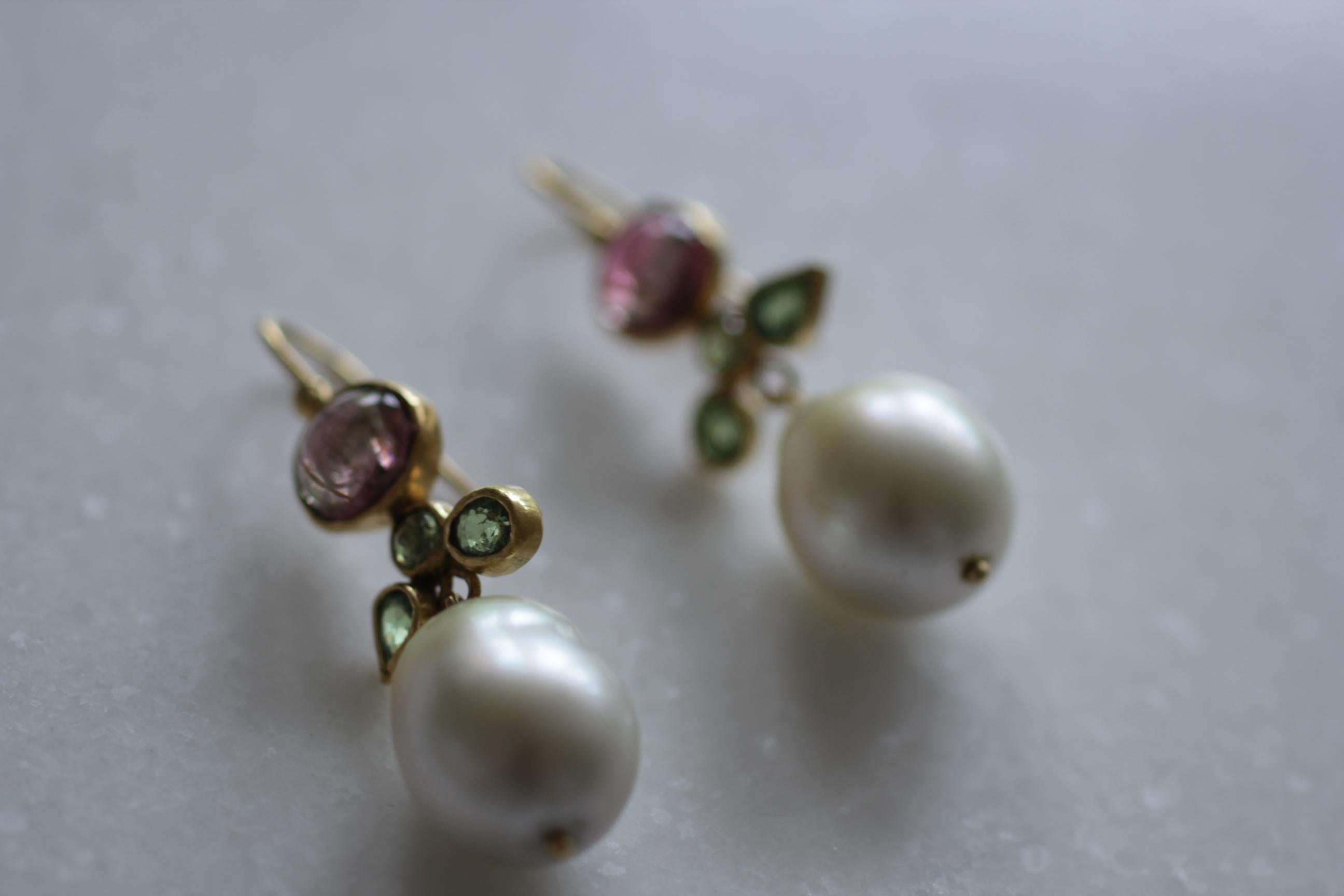 Women's South Sea Pearls Tourmaline Demantoid Garnets 22k-21k Gold Dangle Drop Earrings 