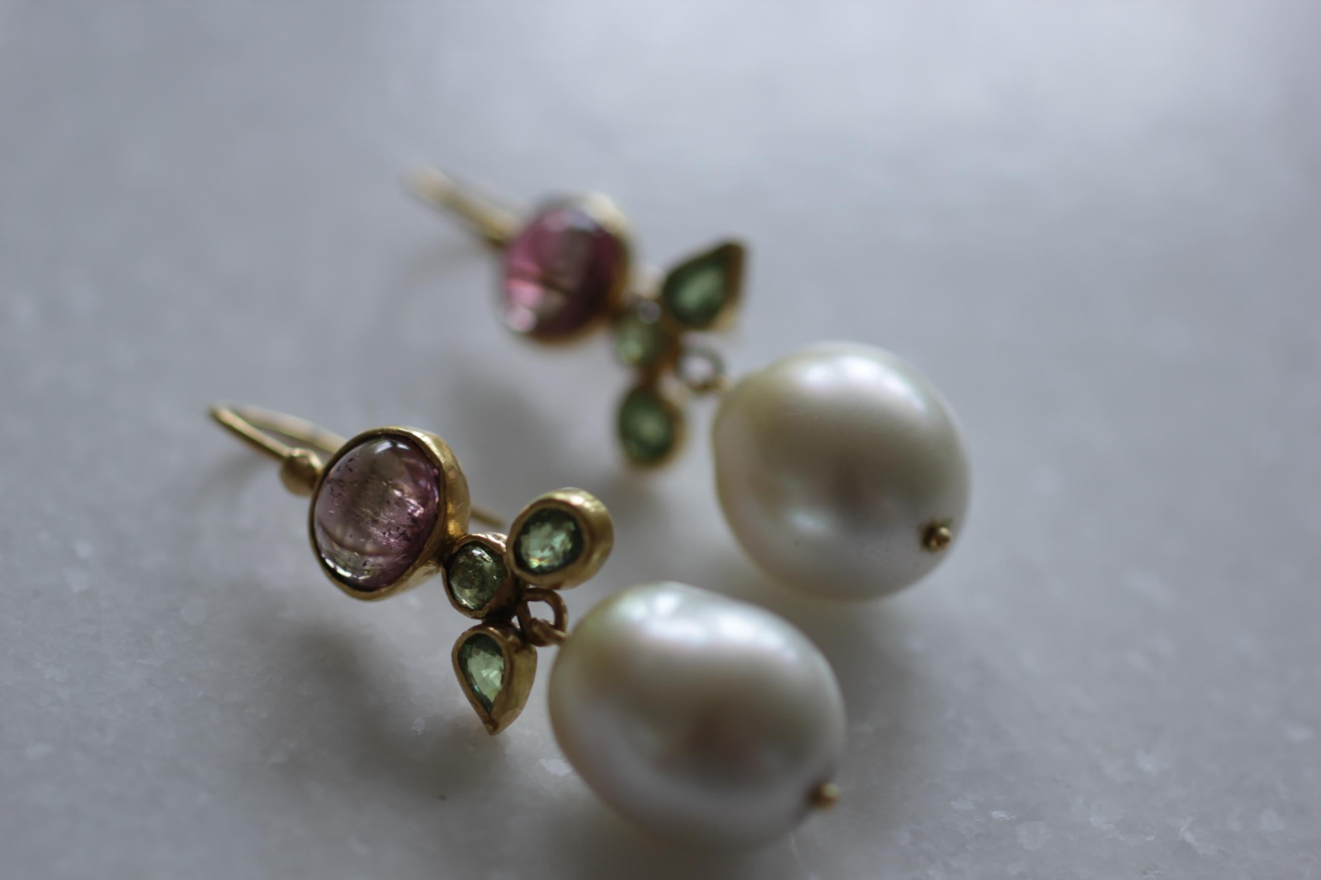 South Sea Pearls Tourmaline Demantoid Garnets 22k-21k Gold Dangle Drop Earrings  1