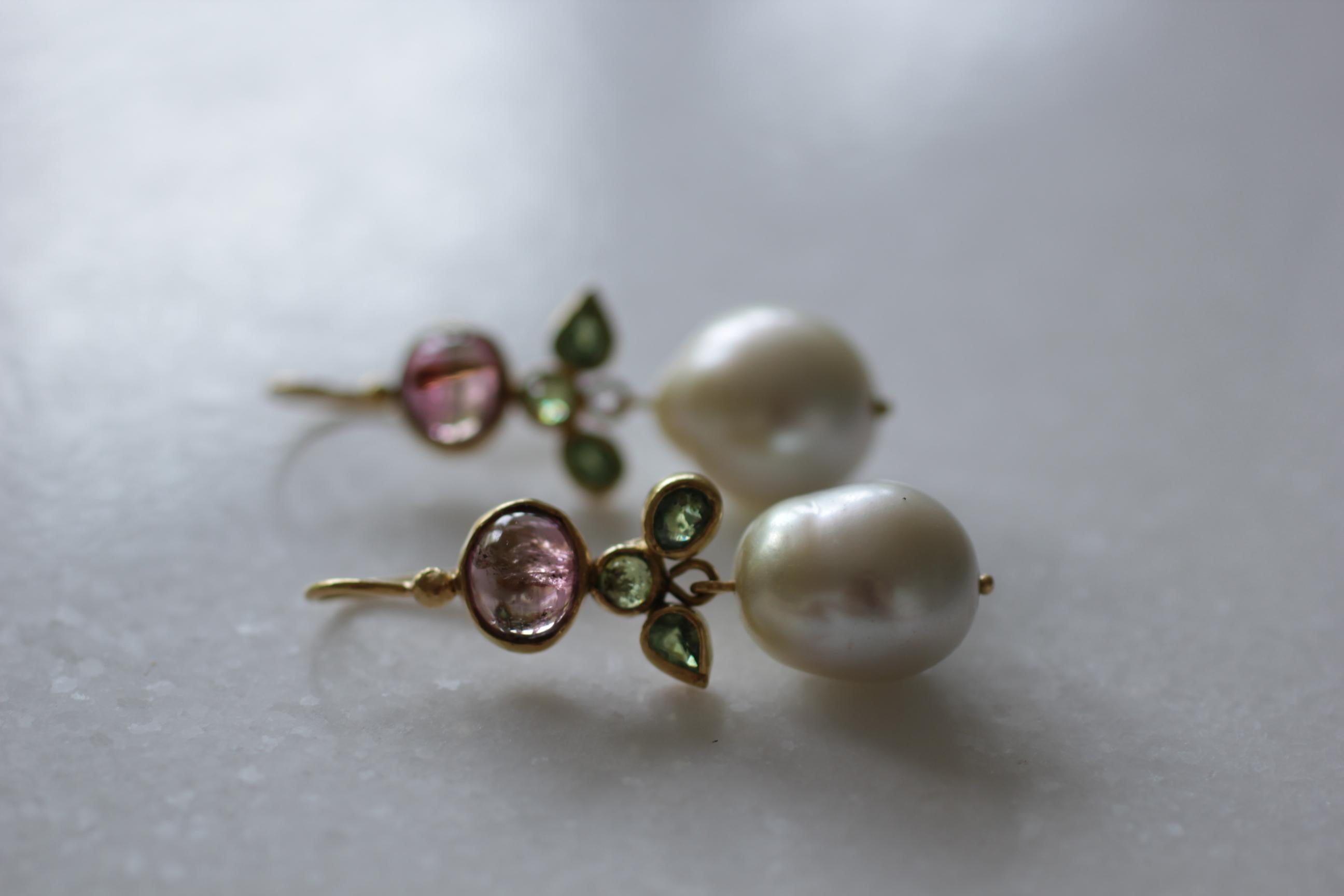 South Sea Pearls Tourmaline Demantoid Garnets 22k-21k Gold Dangle Drop Earrings  3