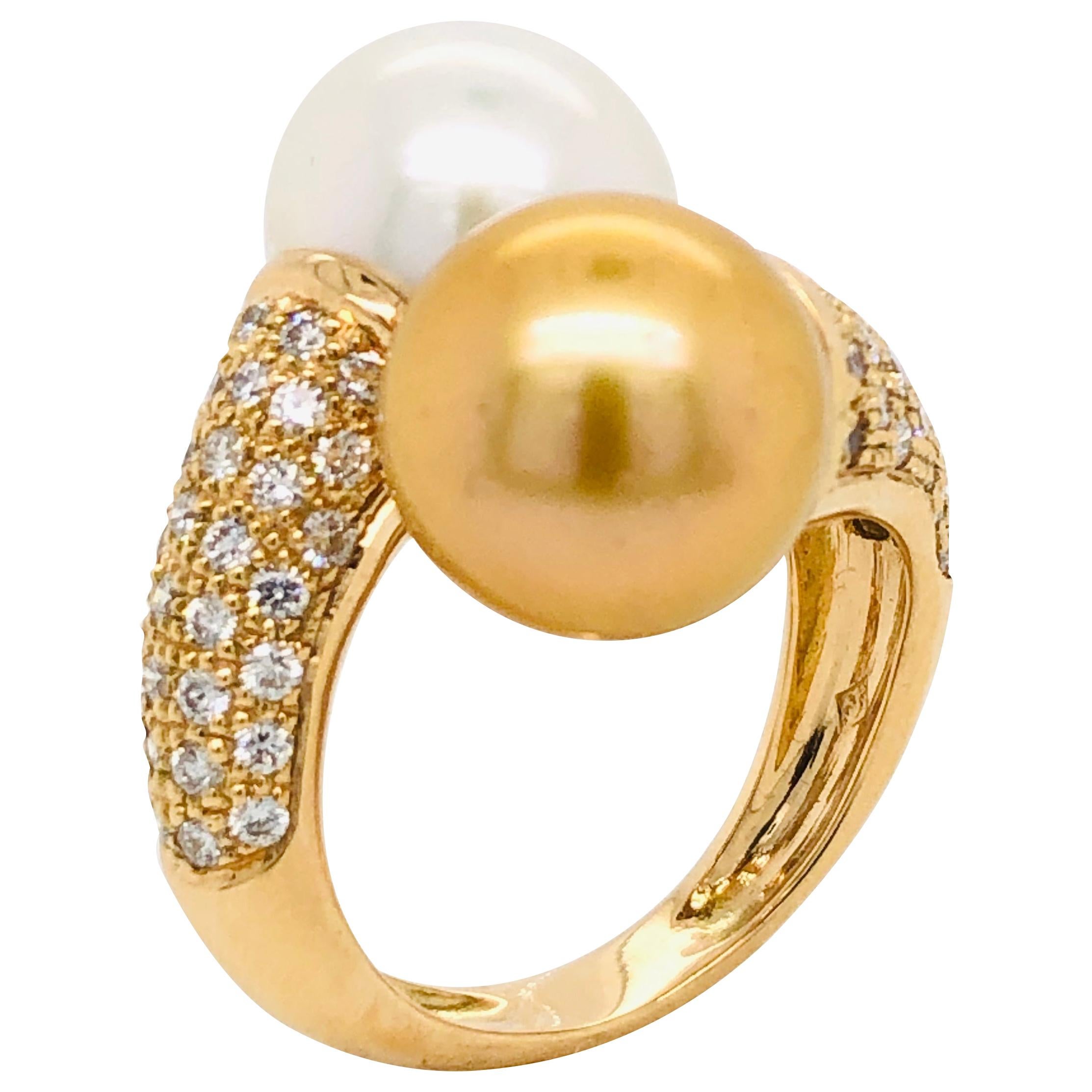 South Sea Pearls with White Diamonds on Gold 18 Carat Ring