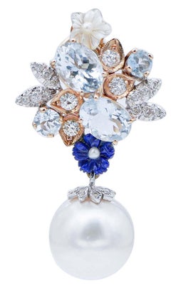 Perle, acquamarina, pietre bianche, lapislazzuli, diamanti, orecchini in oro 14kt