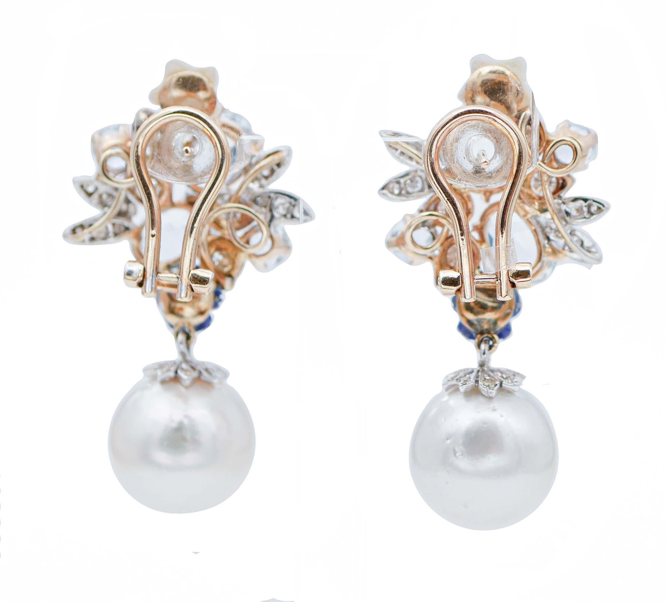 Retro Pearls, Aquamarine, White Stones, Lapislazzuli, Diamonds, 14kt Gold Earrings For Sale