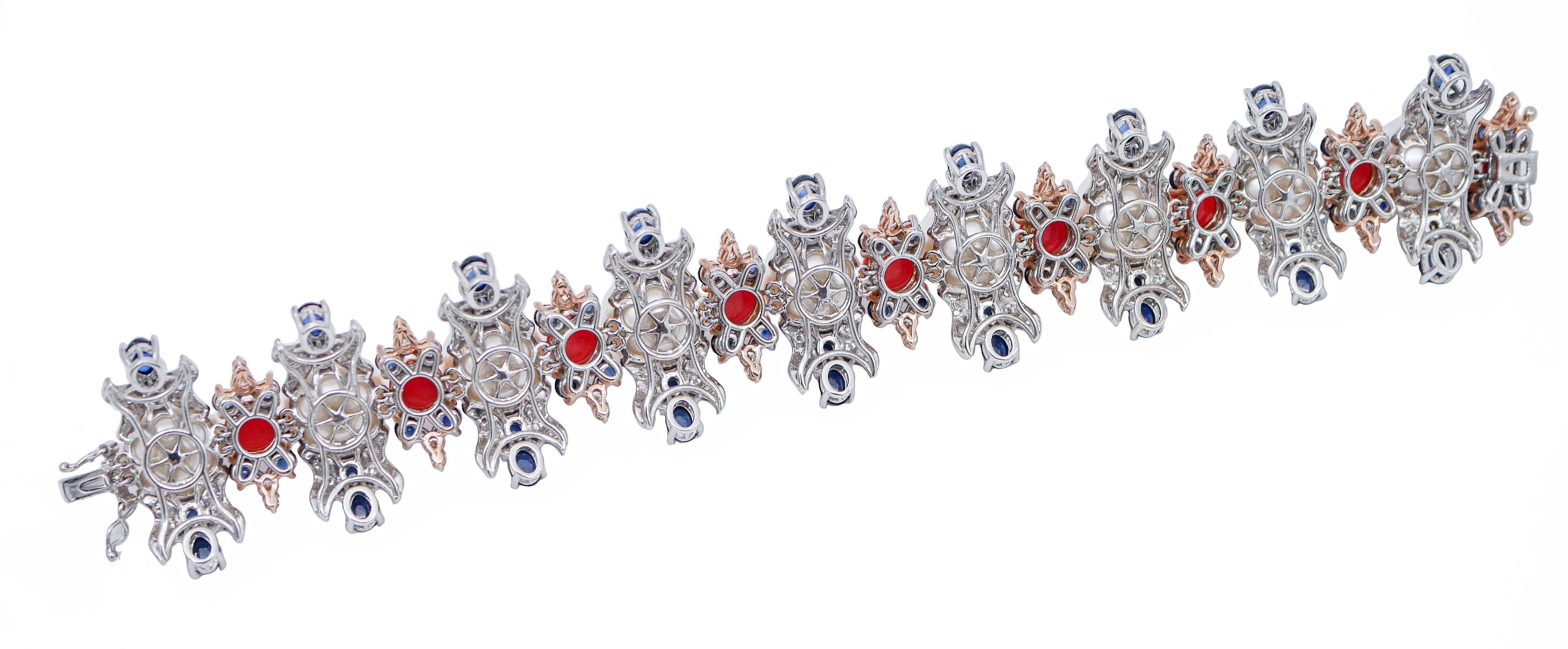 Retro South-Sea Pearls, Coral, Sapphires, Diamonds, 14 Karat White and Rose Gold Bracelet.