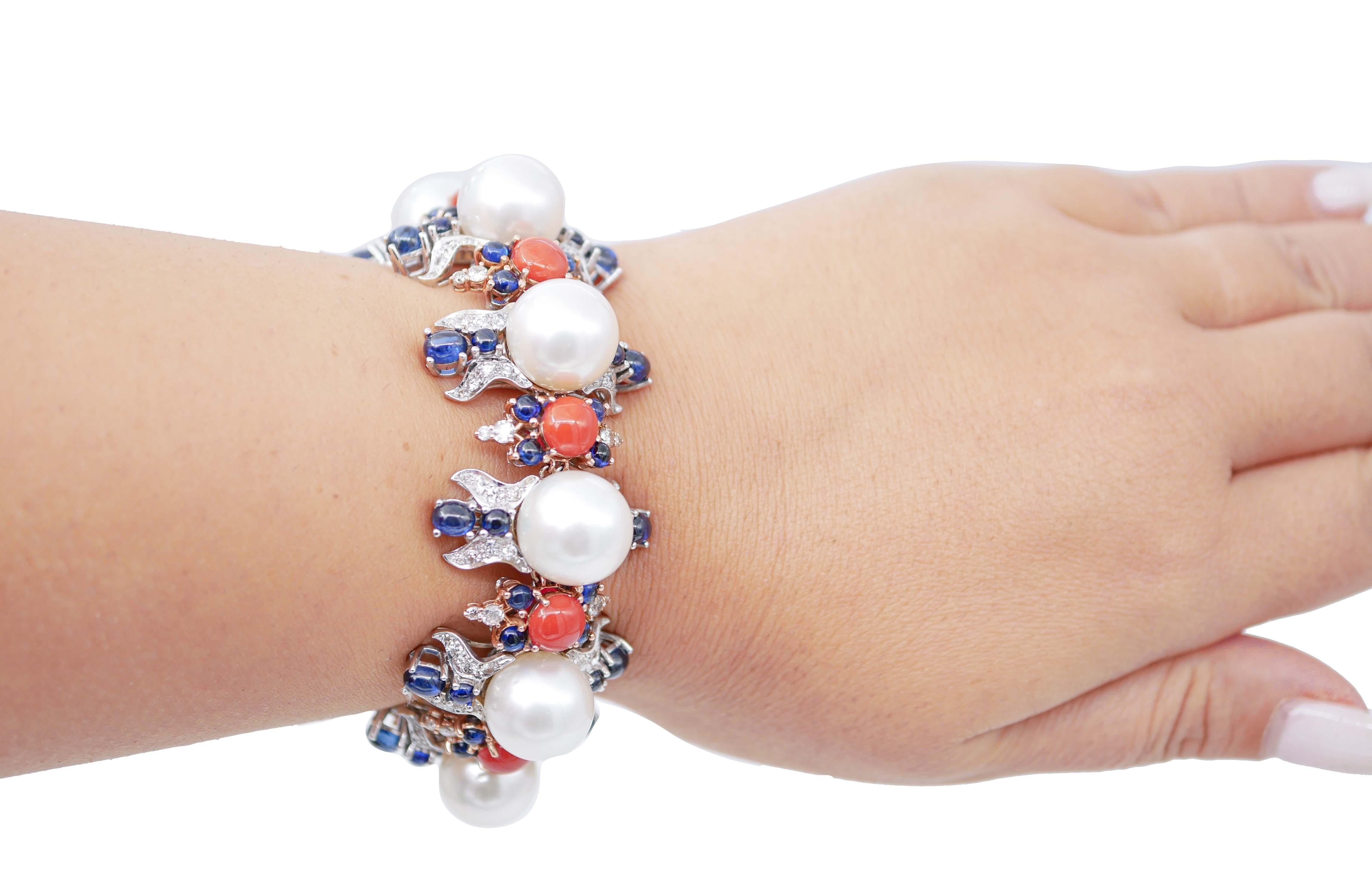 Mixed Cut South-Sea Pearls, Coral, Sapphires, Diamonds, 14 Karat White and Rose Gold Bracelet.