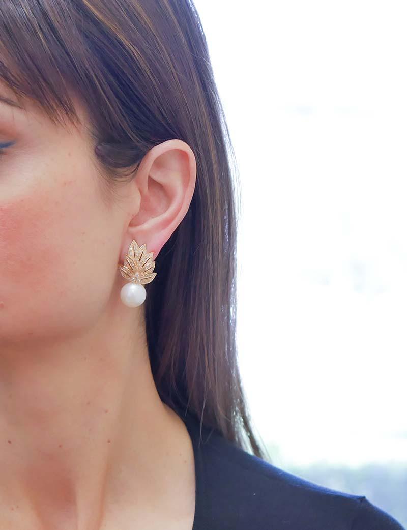 Mixed Cut South-Sea Pearls, Diamonds, 14 Karat Rose Gold Earrings