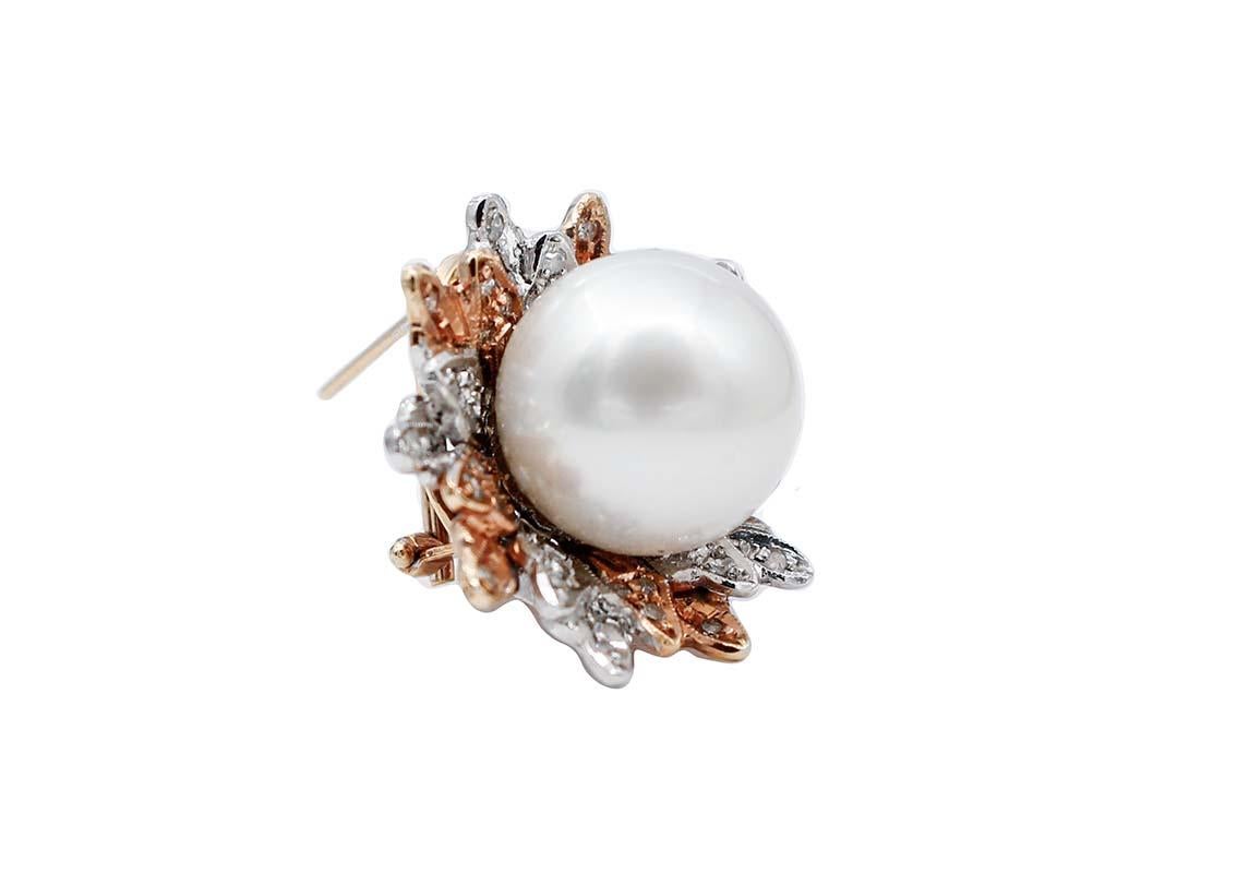 Retro South-Sea Pearls, Diamonds, 14 Karat White and Rose Gold Stud Earrings For Sale