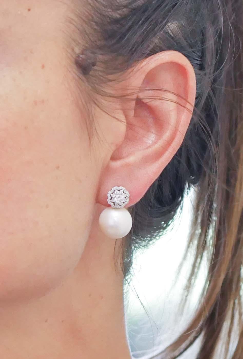 Modern South-Sea Pearls, Diamonds, 18 Karat White Gold Earrings