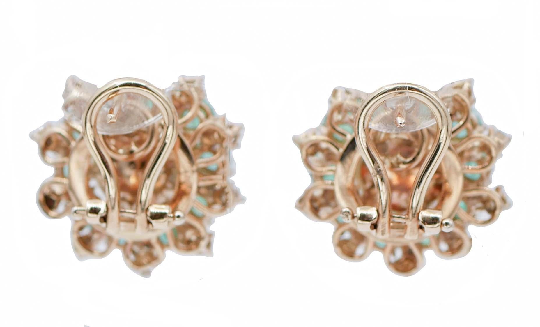 Retro South-Sea Pearls, Emeralds, Diamonds, 14 Karat Rose Gold Earrings. For Sale
