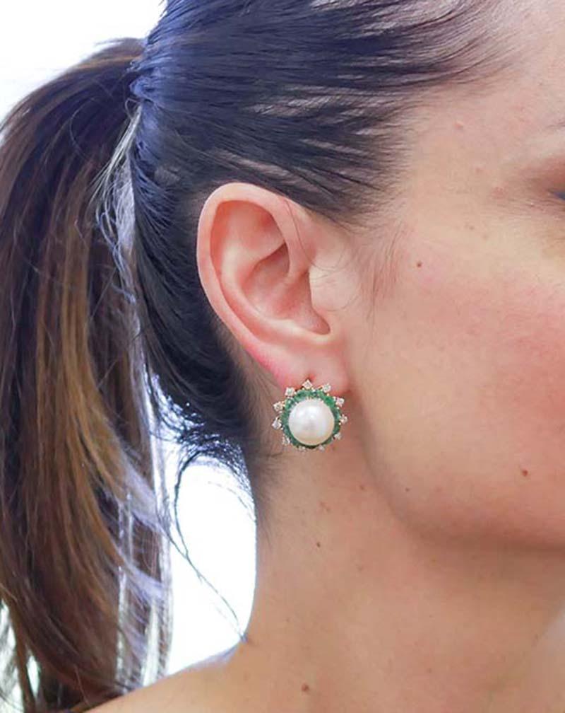Mixed Cut South-Sea Pearls, Emeralds, Diamonds, 14 Karat Rose Gold Stud Earrings For Sale