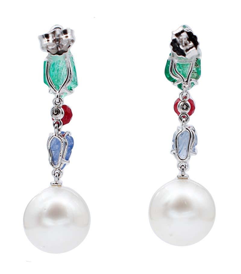 Retro South-Sea Pearls, Emeralds, Sapphires, Rubies, Diamonds, Platinum  Earrings