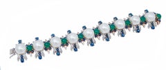 South-Sea Pearls, Green Agate, Sapphires, Diamonds, 14 Karat Gold Bracelet