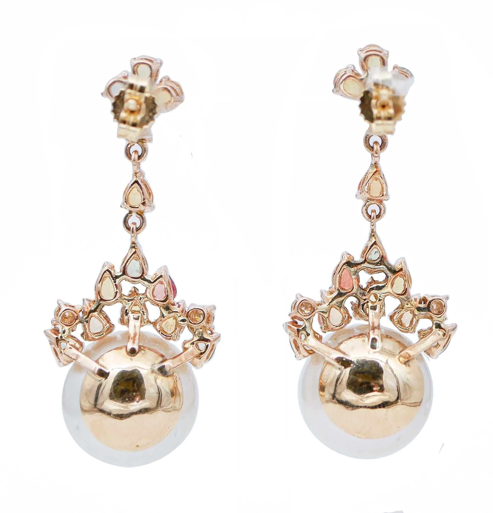 Retro South-Sea Pearls, Multicolor Sapphires, Diamonds, 14 Kt Rose Gold Dangle Earrings