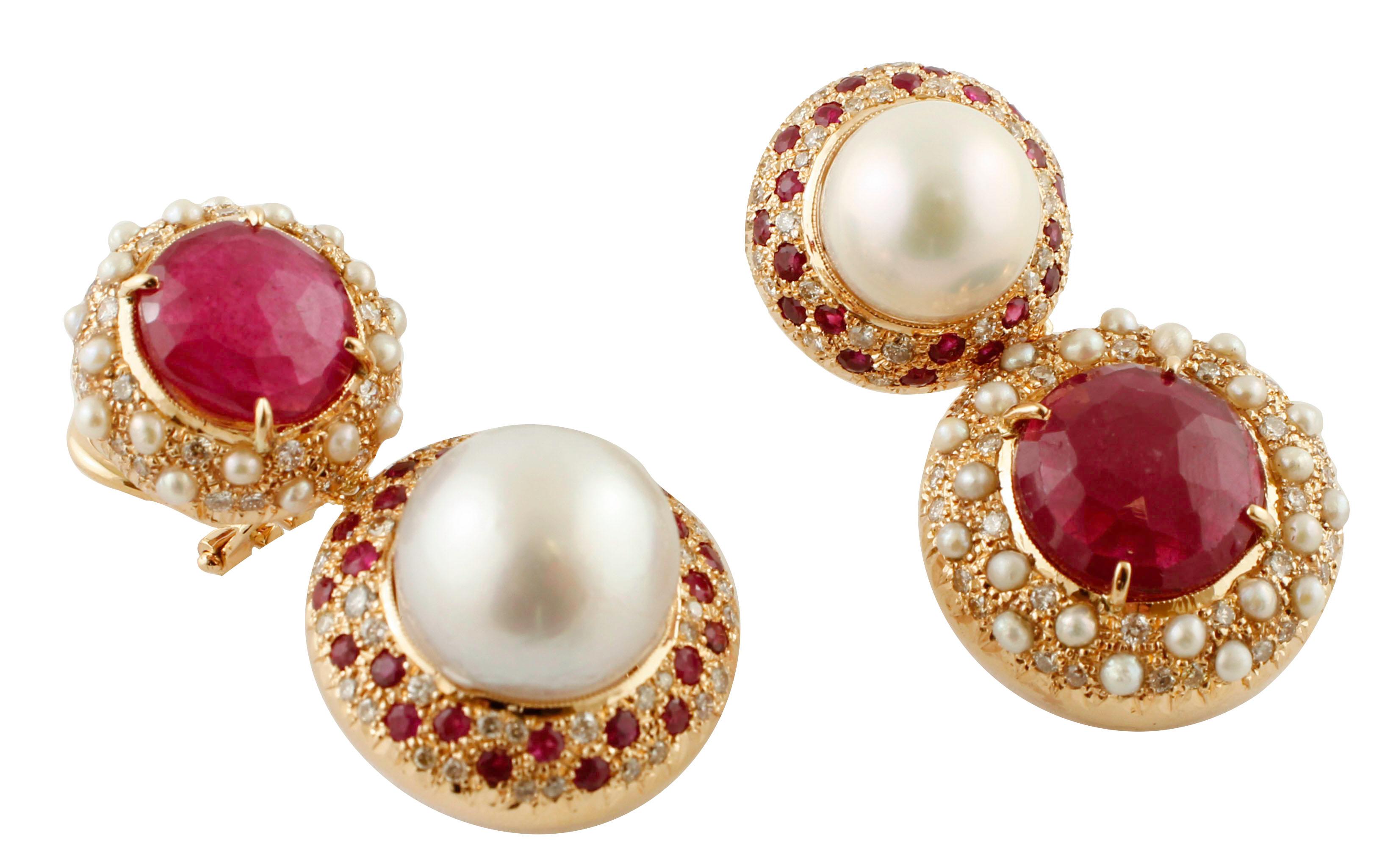 Brilliant Cut South Sea Pearls, Rubies, Diamonds, Rose Gold Retro Dangle Earrings For Sale