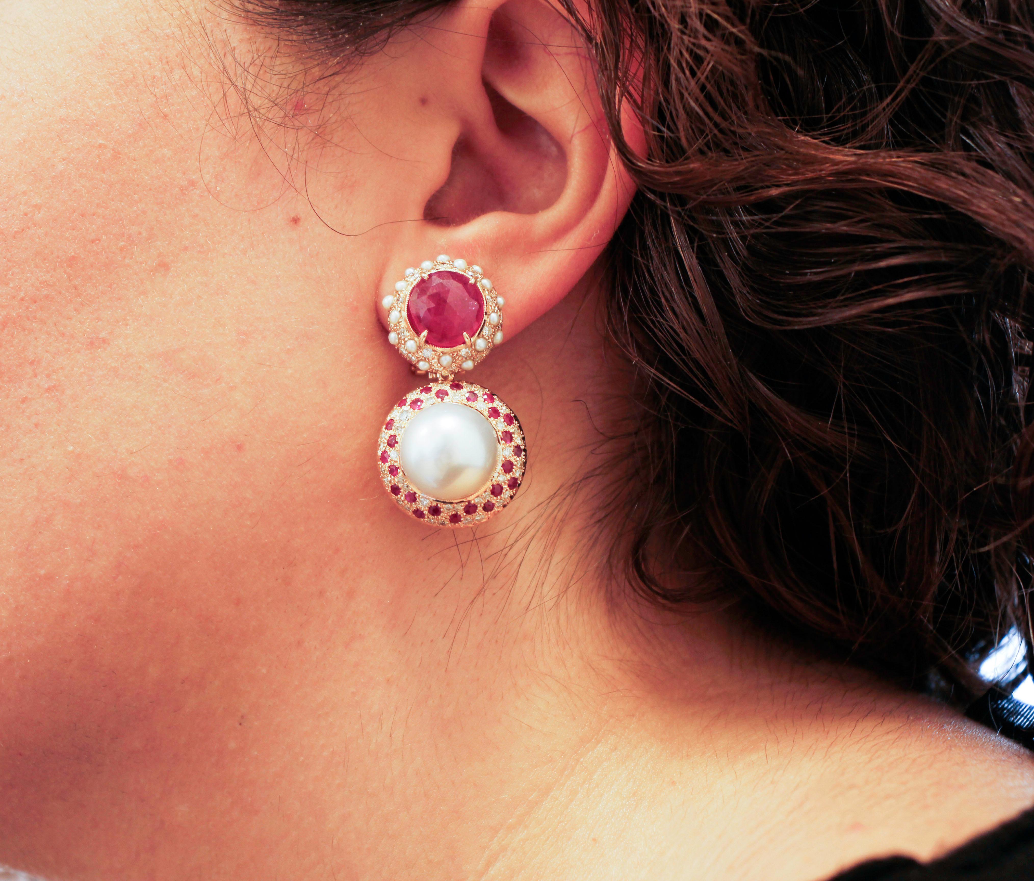 Women's South Sea Pearls, Rubies, Diamonds, Rose Gold Retro Dangle Earrings For Sale