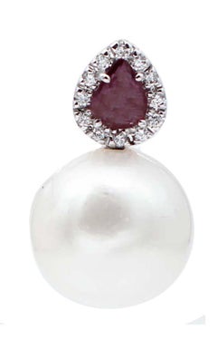South-Sea Pearls, Rubies, Diamonds, 14 Karat White Gold Stud Earrings