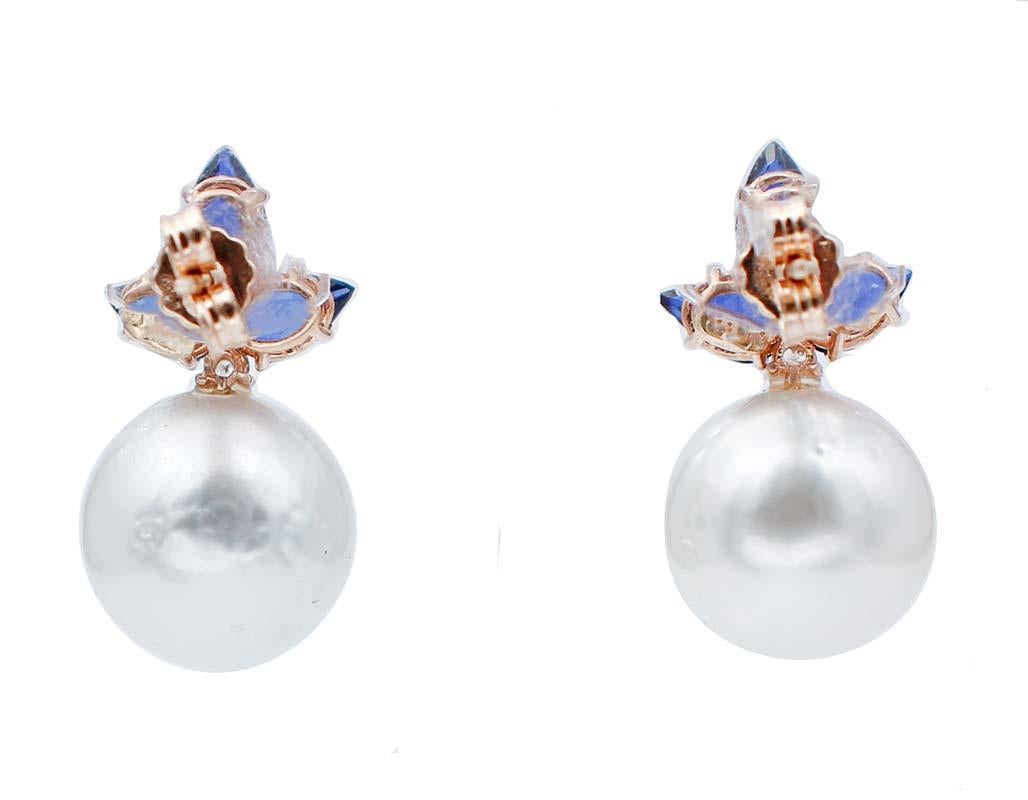 Retro South-Sea Pearls, Sapphires, Diamonds, 14 Karat Rose Gold Earrings