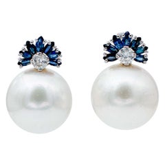 South-Sea Pearls, Sapphires, Diamonds, 14 Karat White Gold Earrings.