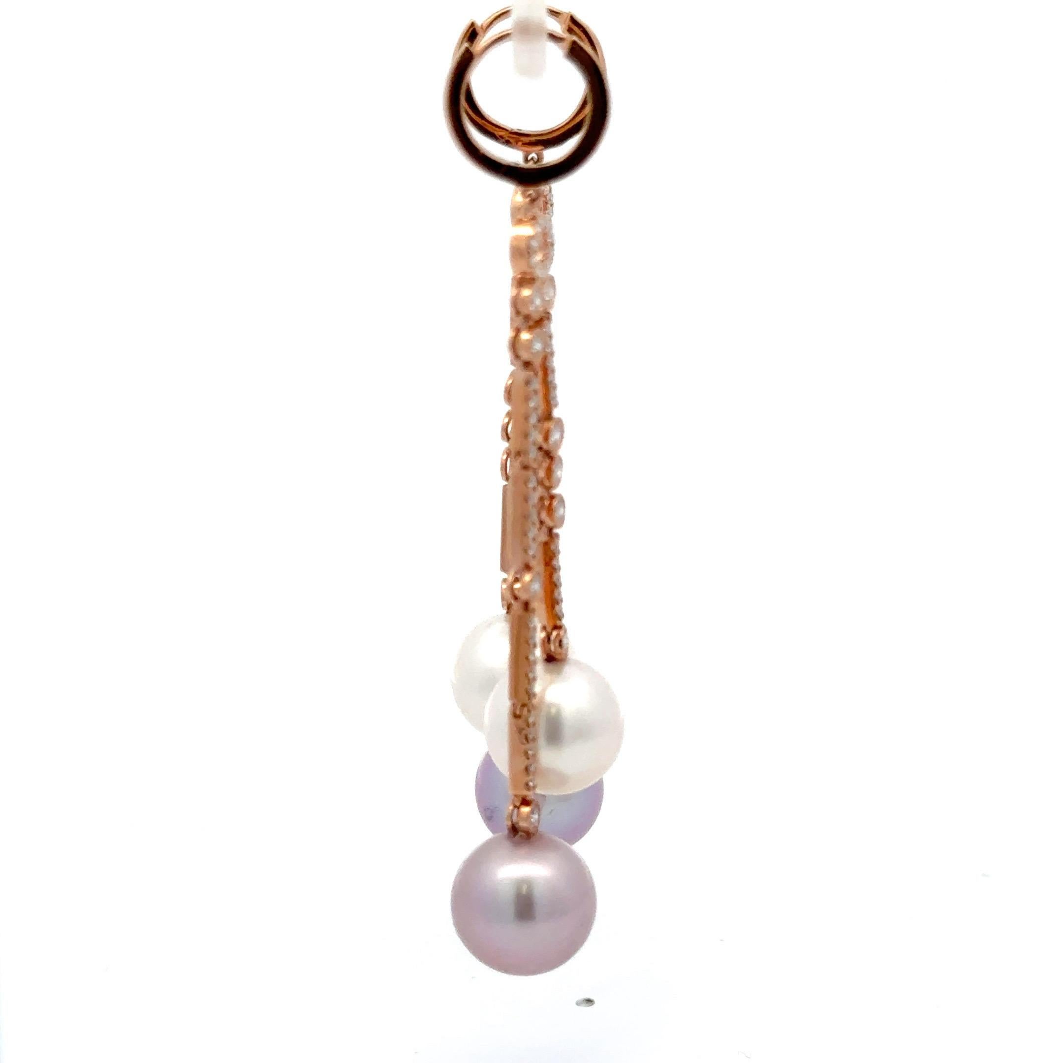 Contemporary South Sea & Pink Freshwater Pearl Diamond Drop Earrings 1.07 CTTW 18KT 10-11 MM For Sale