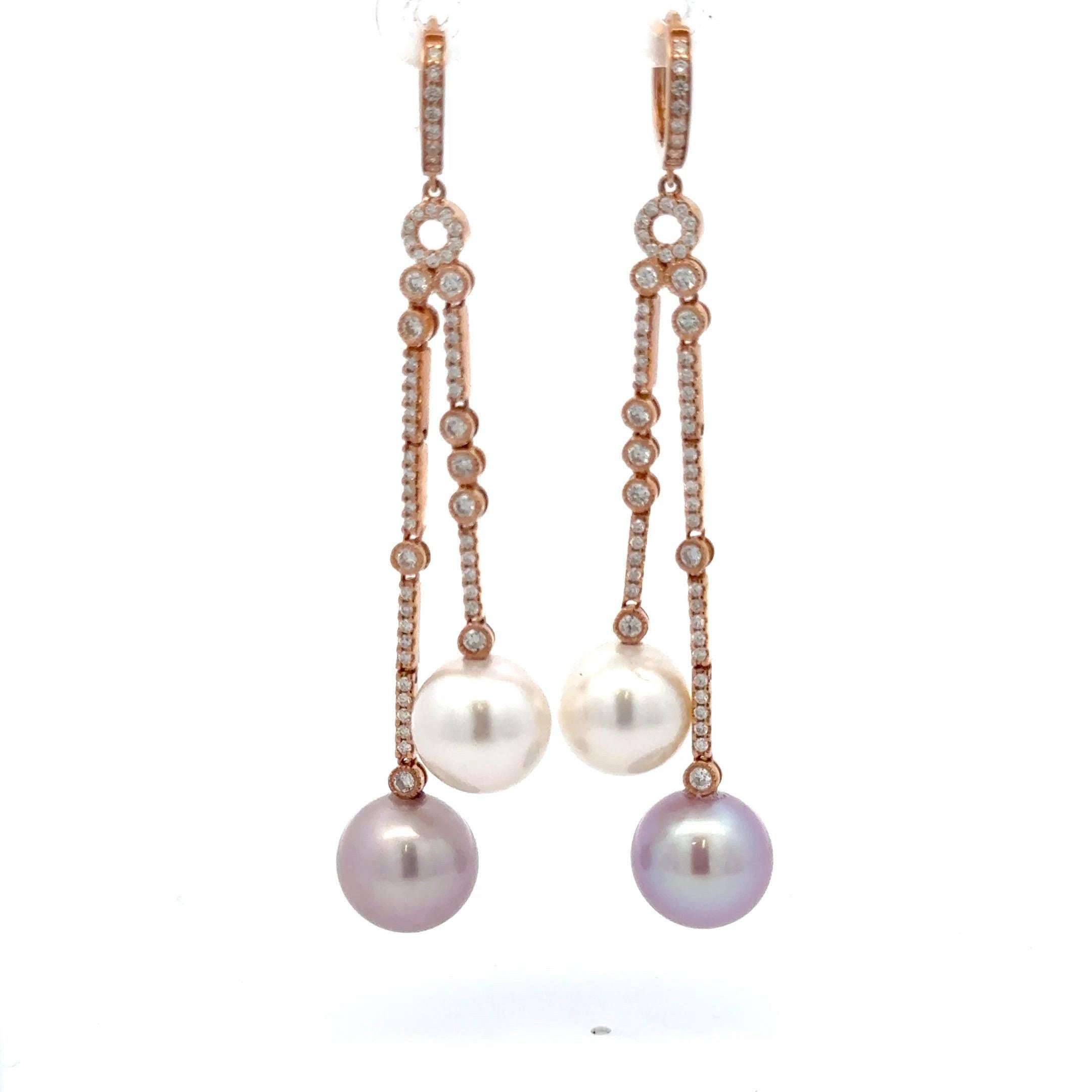 Round Cut South Sea & Pink Freshwater Pearl Diamond Drop Earrings 1.07 CTTW 18KT 10-11 MM For Sale