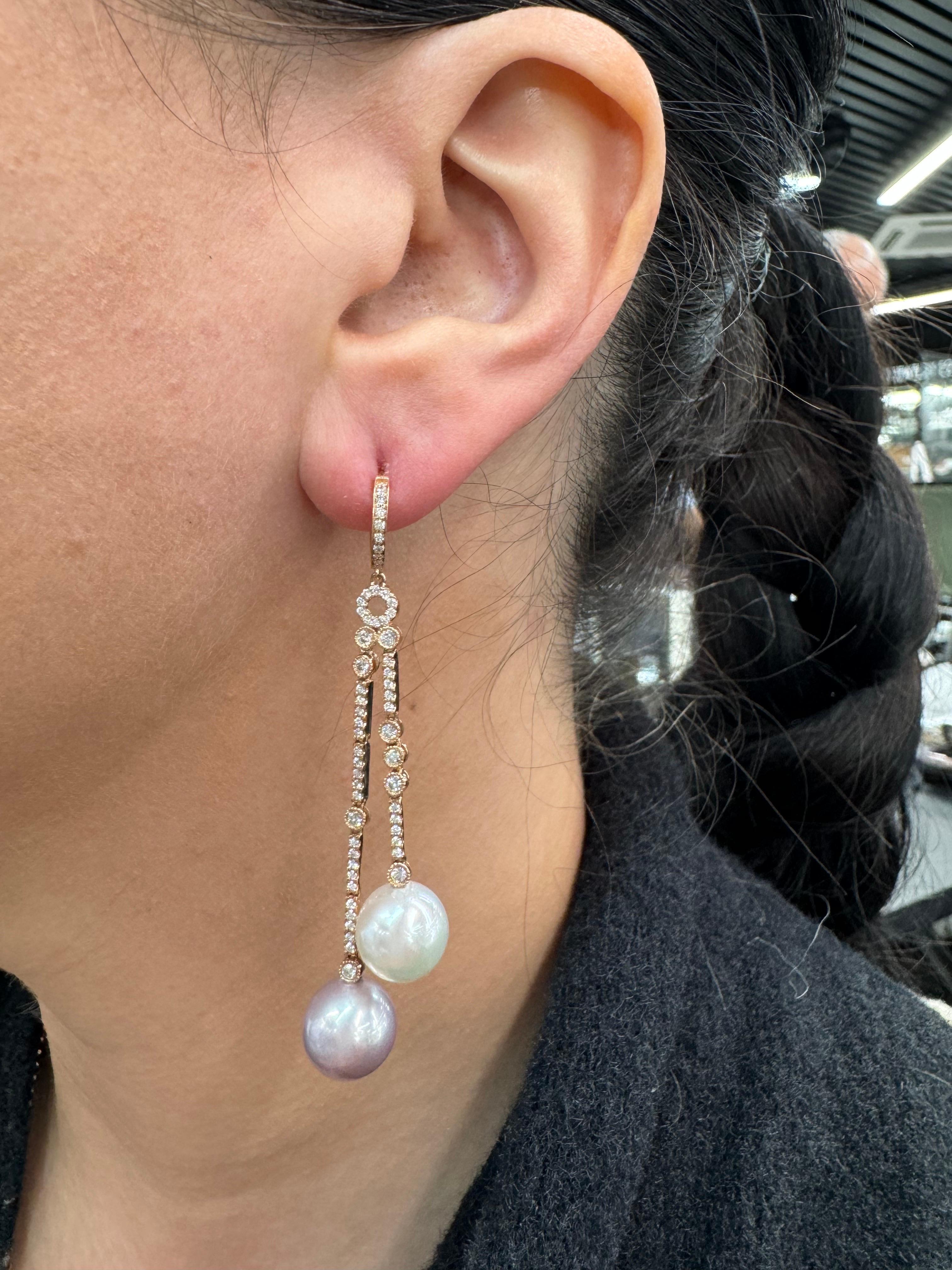 Women's South Sea & Pink Freshwater Pearl Diamond Drop Earrings 1.07 CTTW 18KT 10-11 MM For Sale