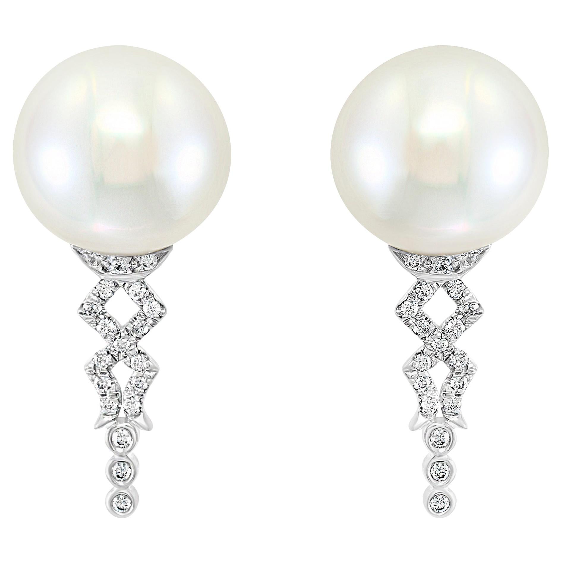 South Sea Round Cultured Pearl and Diamond 14 Karat White Gold Earrings For Sale
