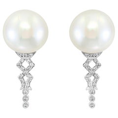South Sea Round Cultured Pearl and Diamond 14 Karat White Gold Earrings