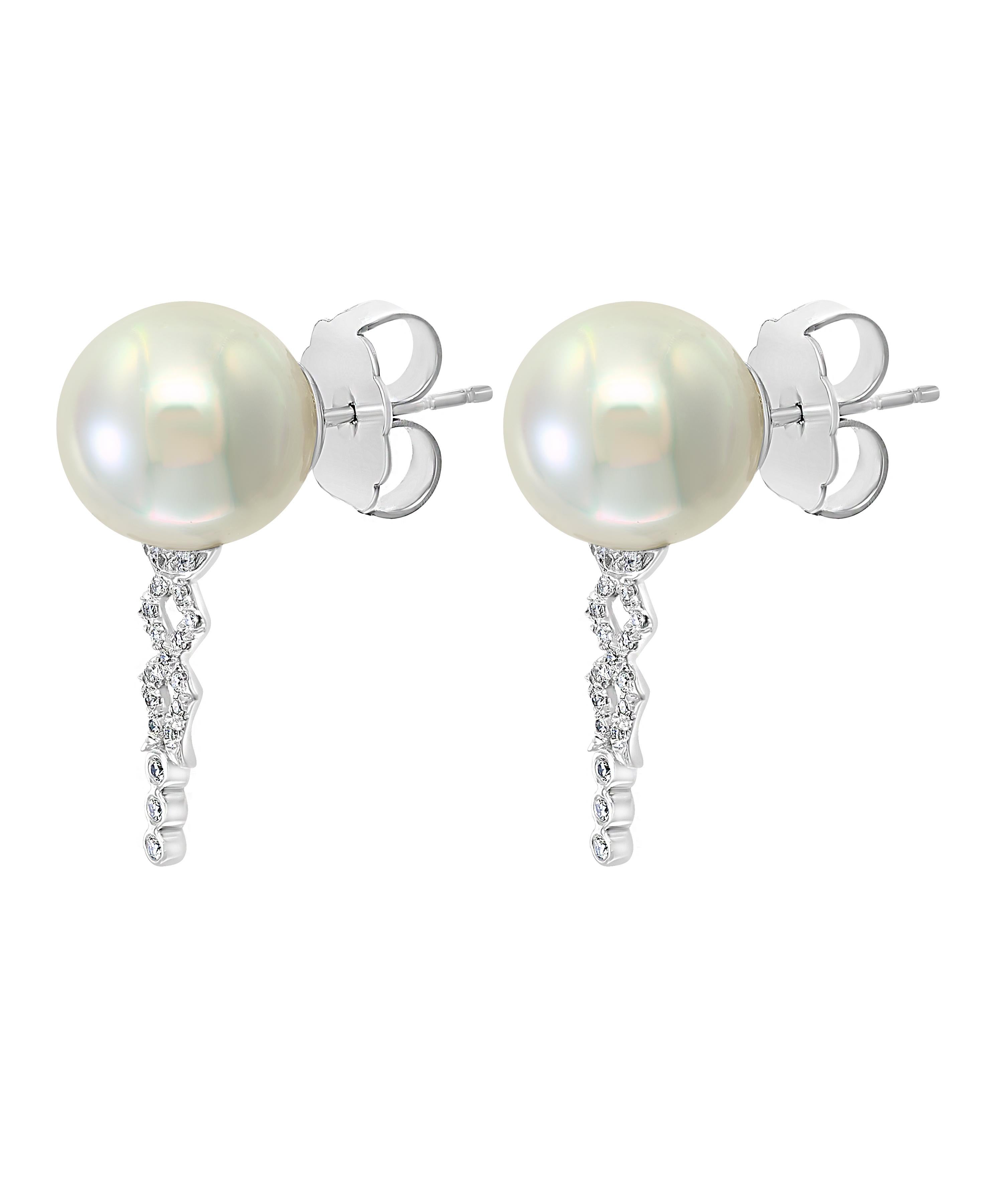 Contemporary South Sea Round Cultured Pearl and Diamond 14 Karat White Gold Earrings For Sale