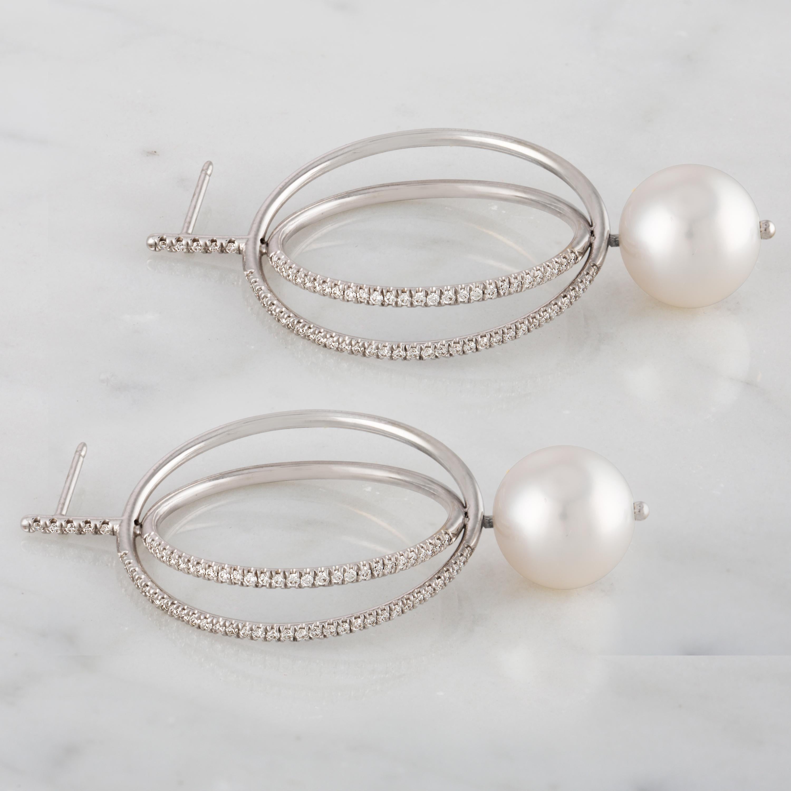 Contemporary 14K White Gold and Diamond Hoop Earrings with South Sea Round Cultured Pearl For Sale