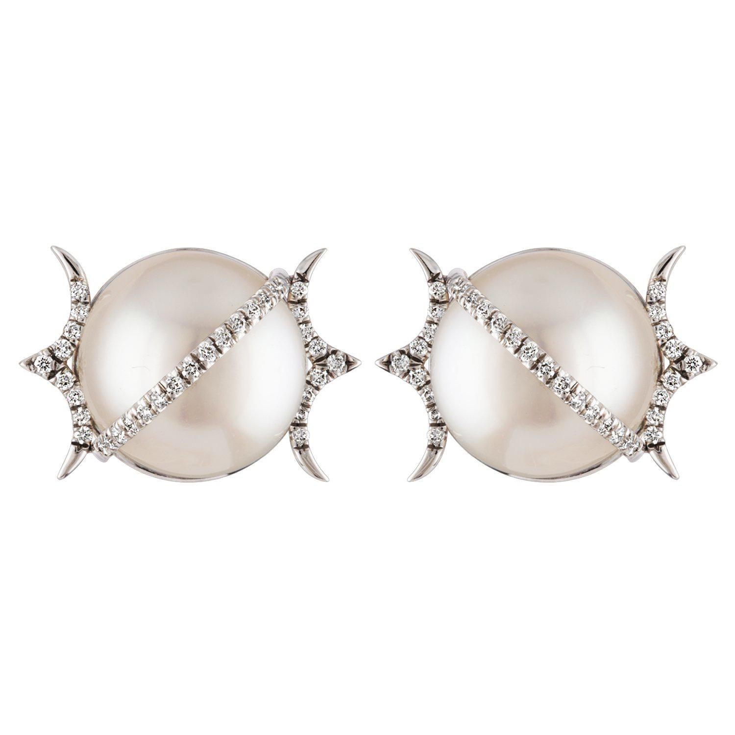 South Sea Round Pearl and Diamond Stud Earrings in 18 Karat White Gold