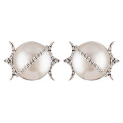 South Sea Round Pearl and Diamond Stud Earrings in 18 Karat White Gold