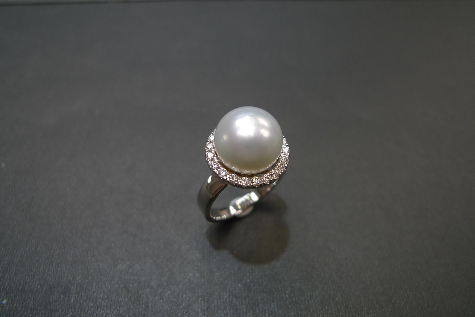 For Sale:  South Sea Round White Pearl And Round Diamond Engagement Ring in 18K White Gold 10