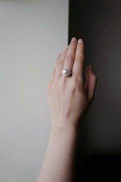 South Sea Round White Pearl And Round Diamond Engagement Ring in 18K White Gold