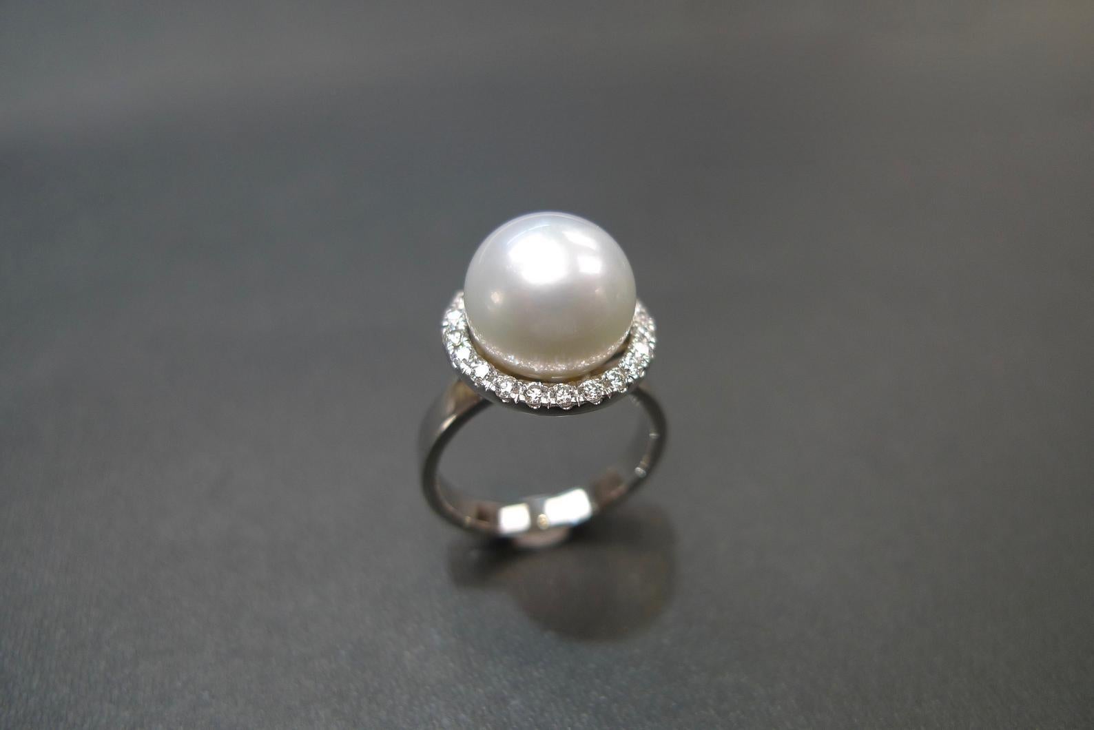 For Sale:  South Sea Round White Pearl And Round Diamond Engagement Ring in 18K White Gold 3