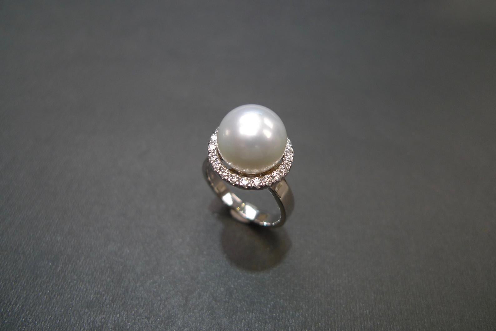 For Sale:  South Sea Round White Pearl And Round Diamond Engagement Ring in 18K White Gold 4