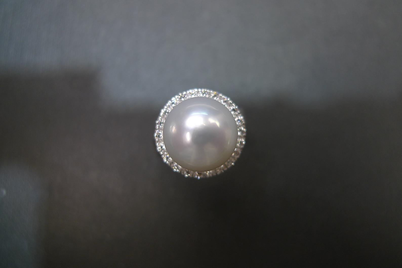 For Sale:  South Sea Round White Pearl And Round Diamond Engagement Ring in 18K White Gold 5