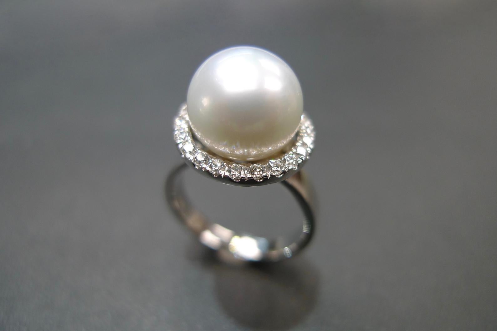 For Sale:  South Sea Round White Pearl And Round Diamond Engagement Ring in 18K White Gold 6