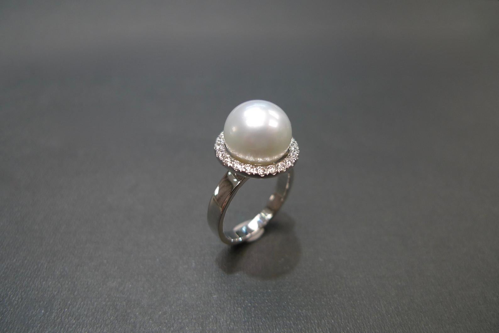 For Sale:  South Sea Round White Pearl And Round Diamond Engagement Ring in 18K White Gold 7