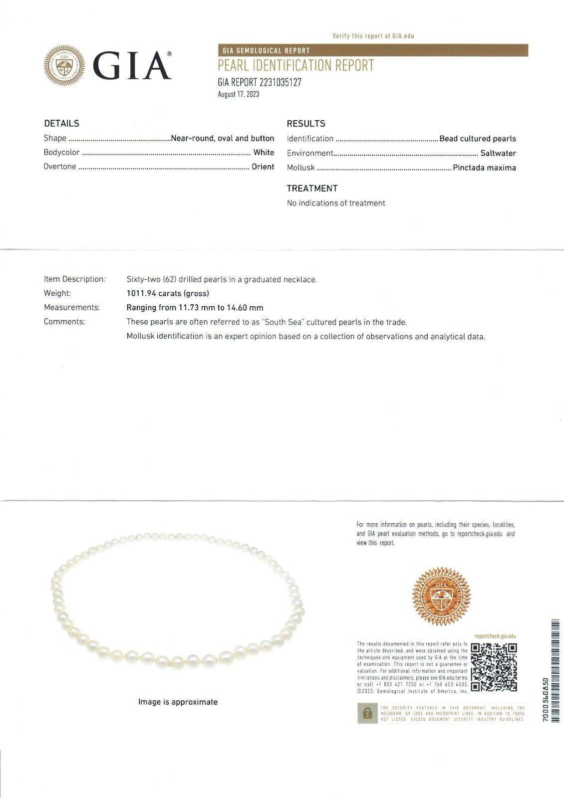 South Sea Saltwater Pearl Slip On GIA Graded 11.73-14.60mm Strand Necklace For Sale 3