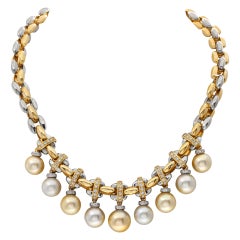 South Sea Silver and Golden Pearl Necklace with Diamond Accents