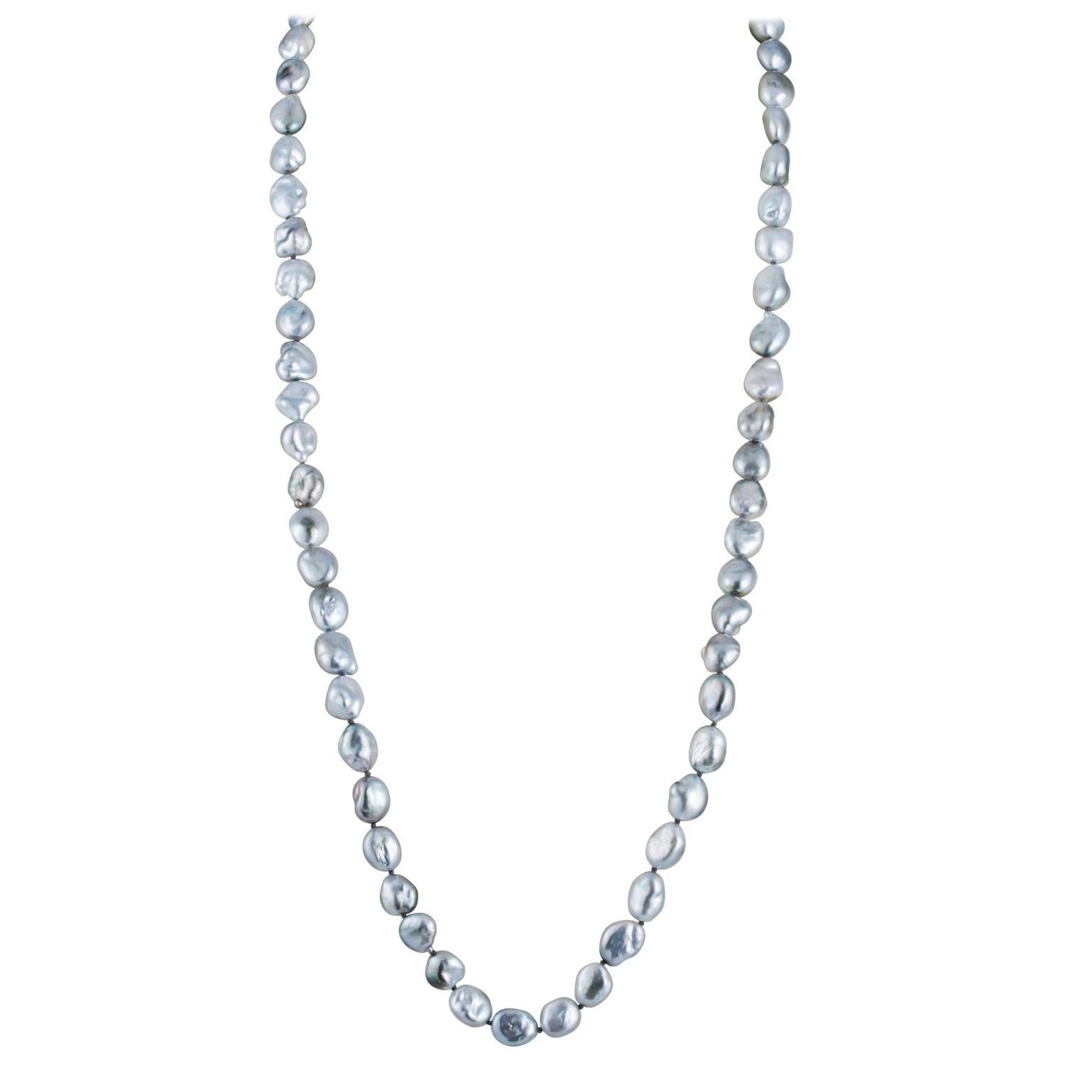 South Sea Silver Tahitian Baroque Pearl Rope Necklace with 14 Karat Barrel Clasp For Sale