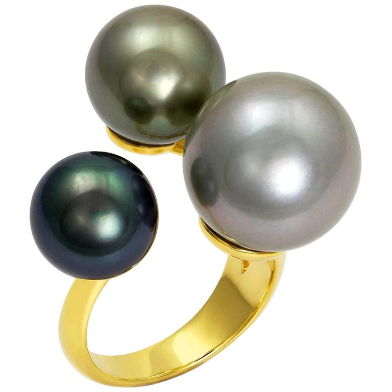 18 Karat Yellow Gold South Sea Tahitian Multi-Color Pearl Cluster Cocktail Ring For Sale
