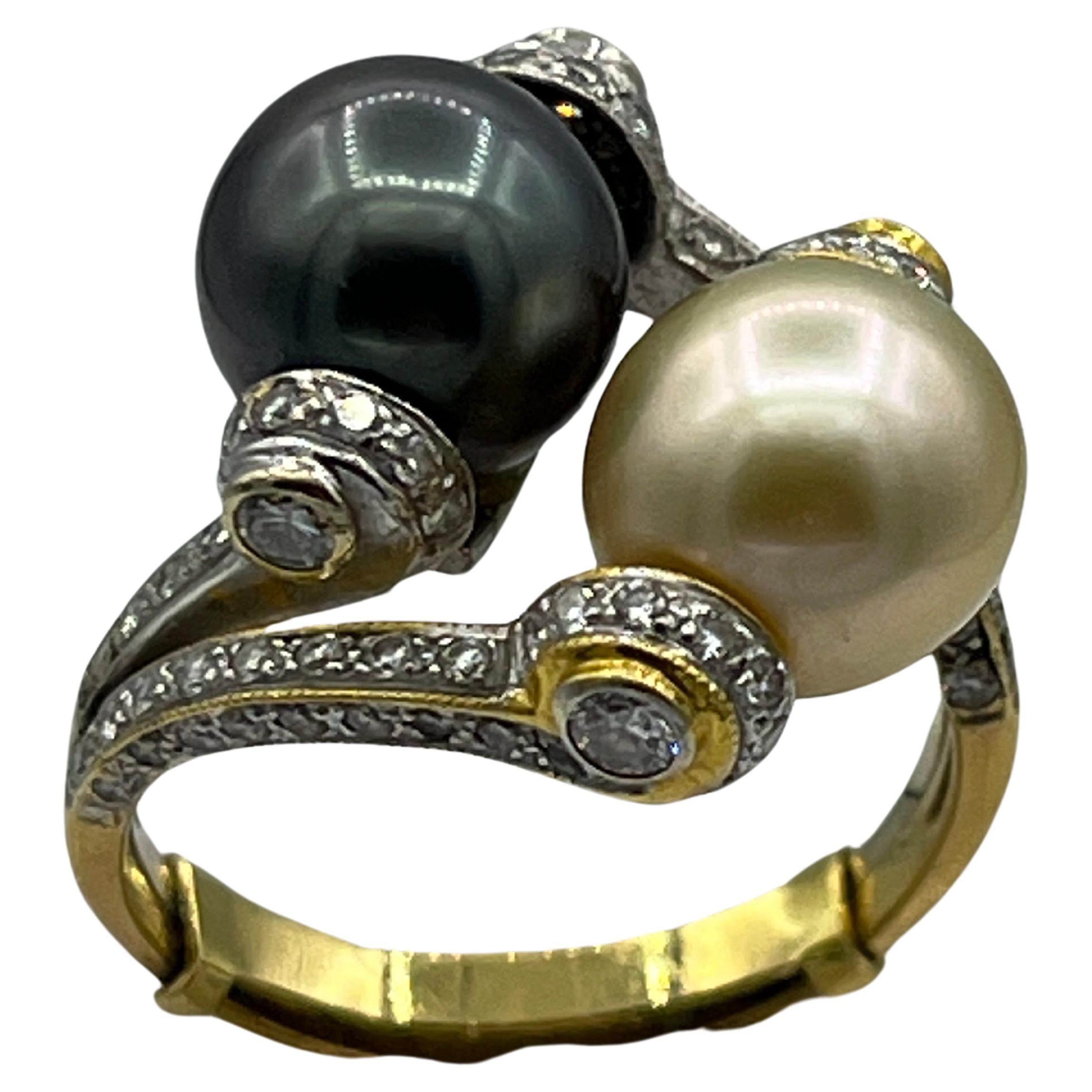 Südsee-Tahiti-Perlen-Diamantring aus 18 Karat Gold mit Diamanten im Angebot