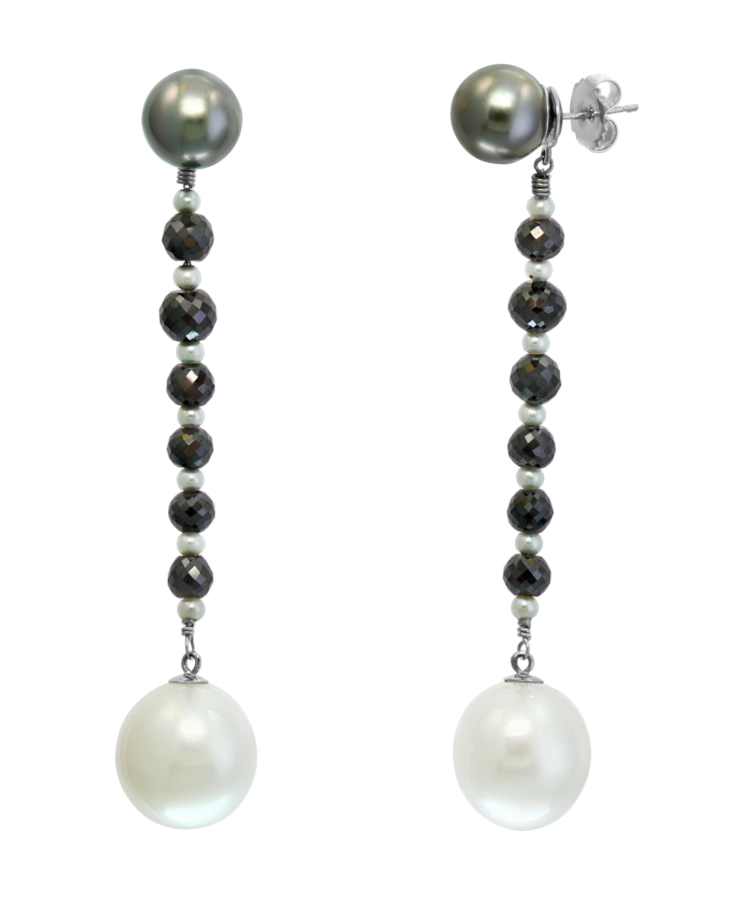 Contemporary South Sea Tahitian and White Pearl and Black Diamond Dangle Earrings 14KW Gold For Sale