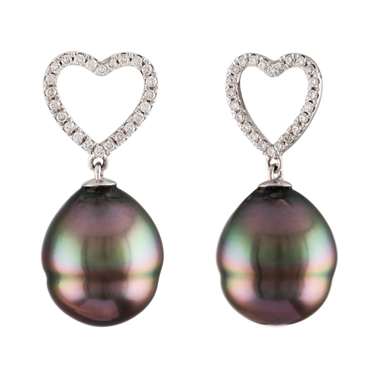 Contemporary South Sea Tahitian Baroque Pearl and Diamond 14K Heart Shaped Dangle Earrings For Sale