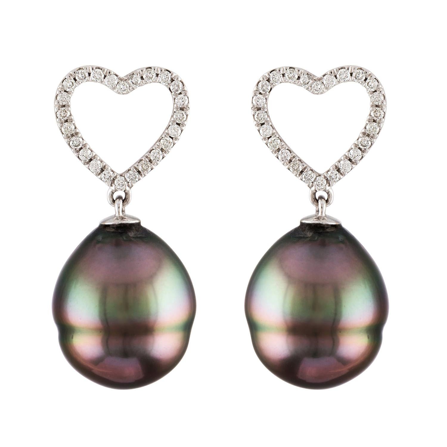 South Sea Tahitian Baroque Pearl and Diamond 14K Heart Shaped Dangle Earrings For Sale