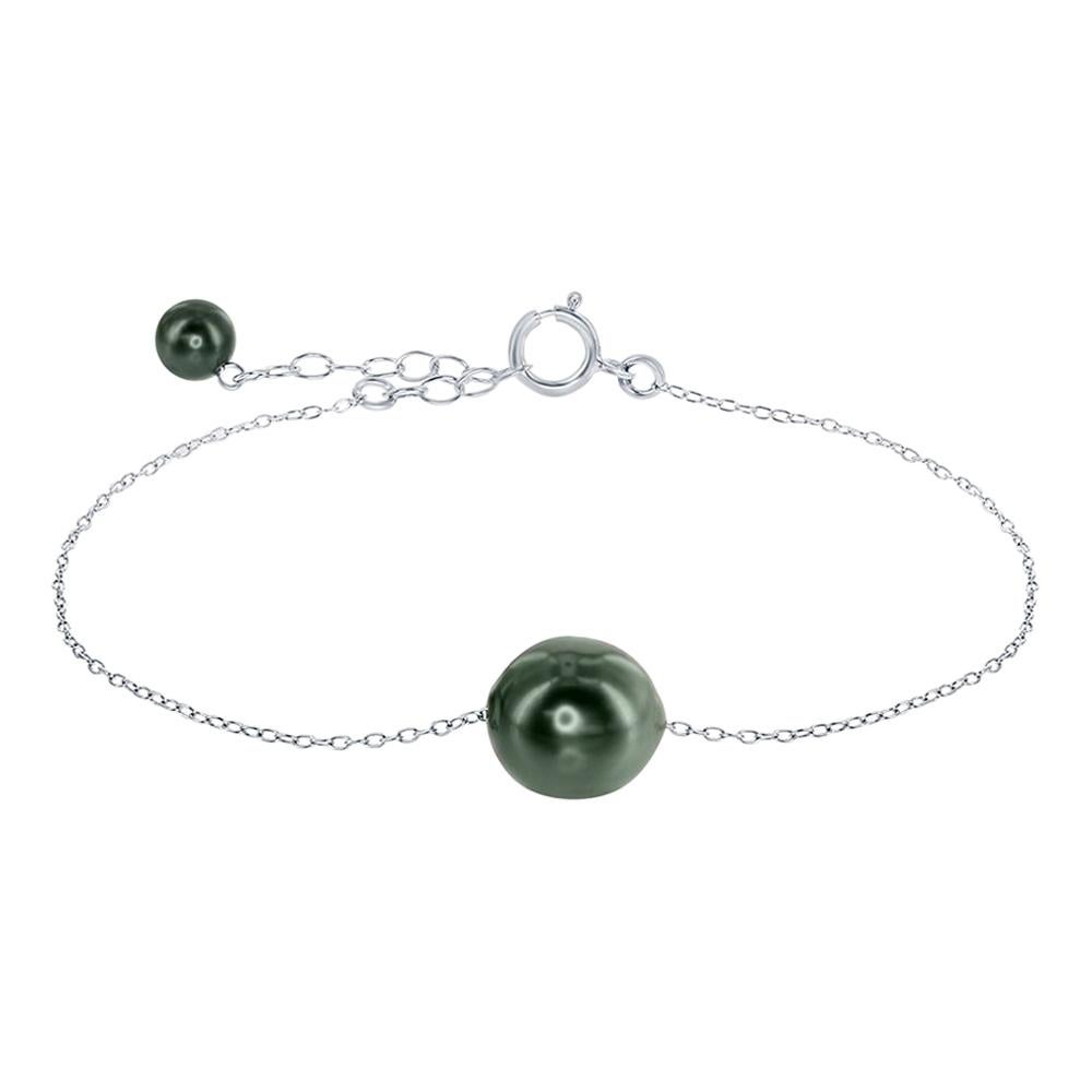 This sterling silver bracelet features a single cultured South Sea Tahitian baroque 9-10mm pearl. The bracelet is adjustable from 7 to 8 inches. 