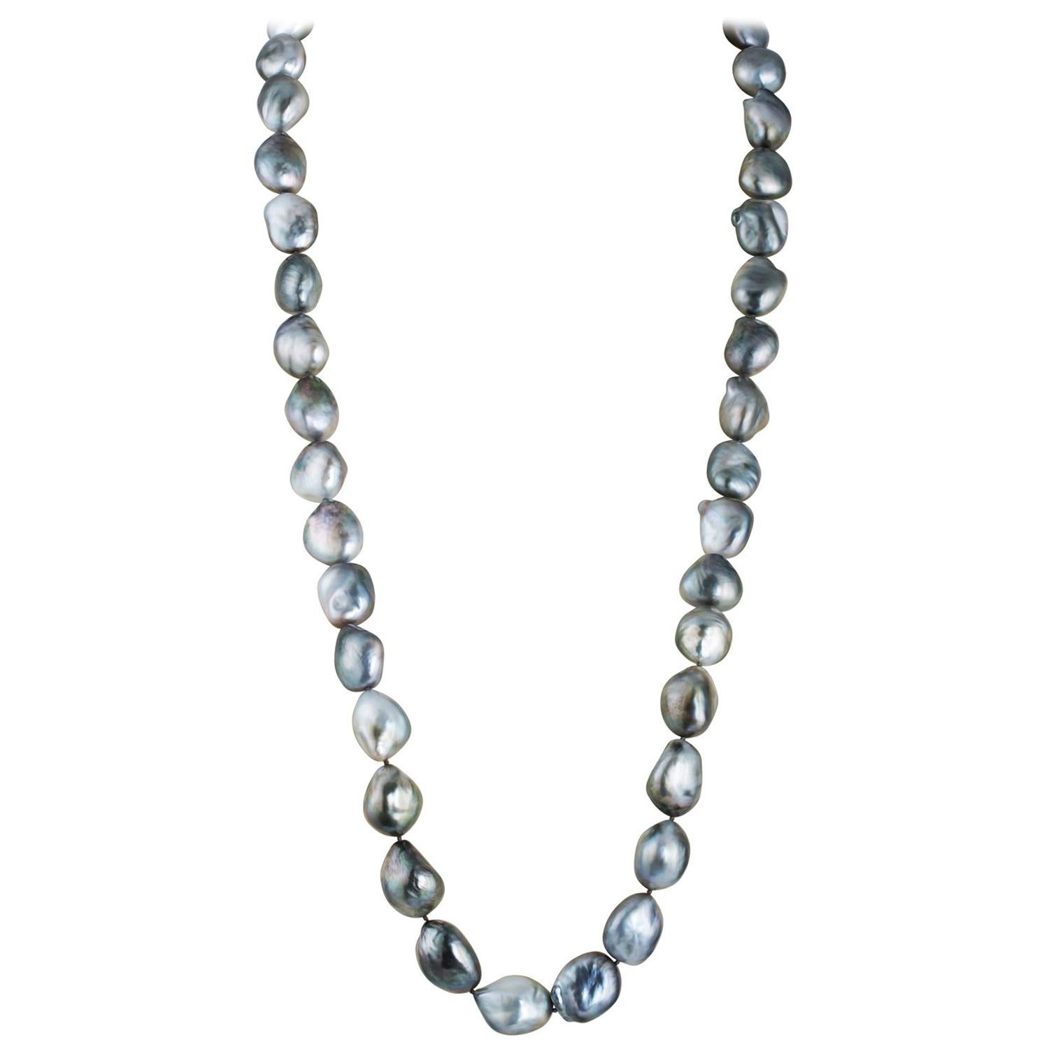 Japanese Akoya Natural Blue Color Rope Necklace with 14k White Gold ...
