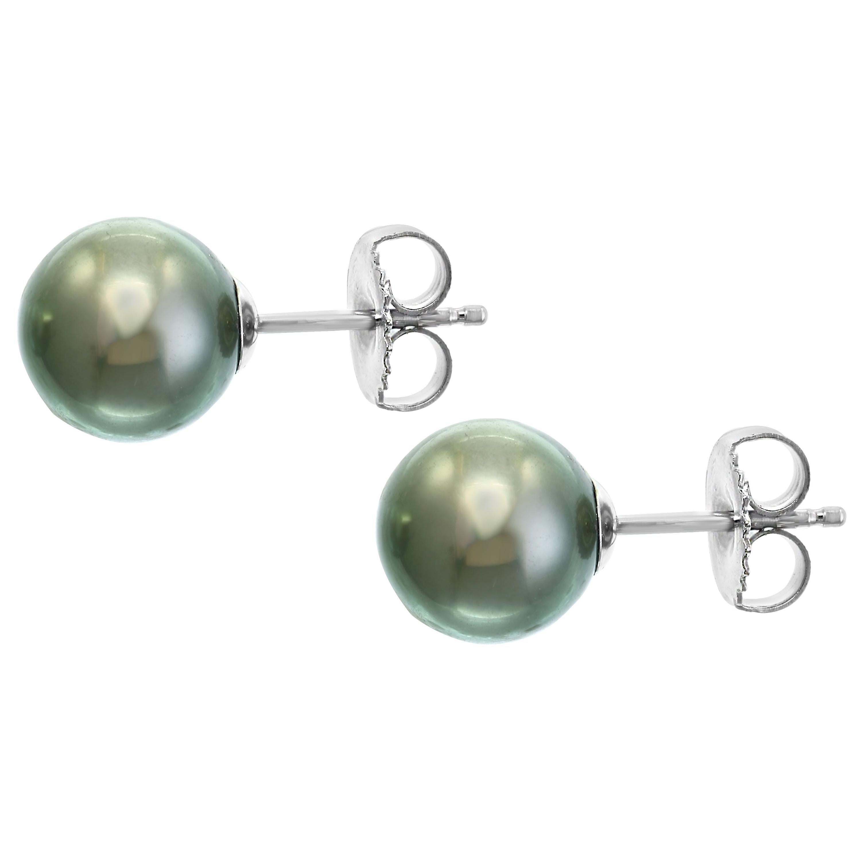14K Gold Tahitian Pearl Stud Earrings For Women – AAA Grade Cultured Black Pearls With Silver/Green Overtone